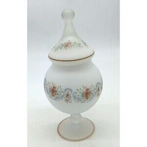 Vintage Rose Bristol White Frosted Glass Candy Dish Footed Pedestal With Lid